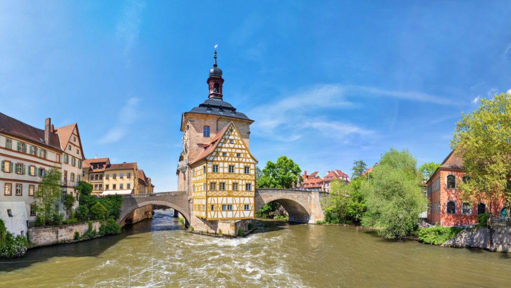 European River Cruising Germany Bamberg. Panoramic view of Old Town Hall